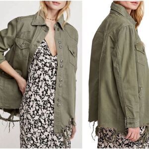 Free People Moonchild Distressed Denim Olive Green Raw Hem Jacket | Size Large